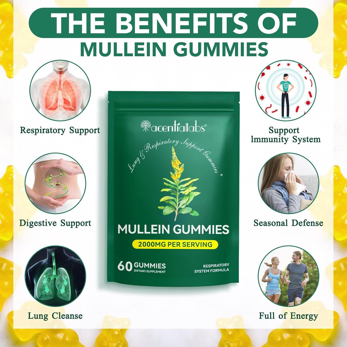 Mullein Gummies for Lung Cleanse - Natural Support for Smokers - Herbal Supplements with Chlorophyll (60 Chews)