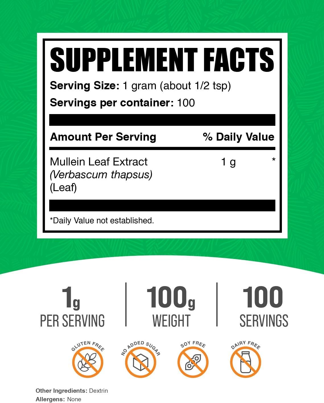 Mullein Leaf Extract 1000mg - Herbal Immune Support Supplement - Gluten Free - 100g (3.5 oz) - Pack of 1