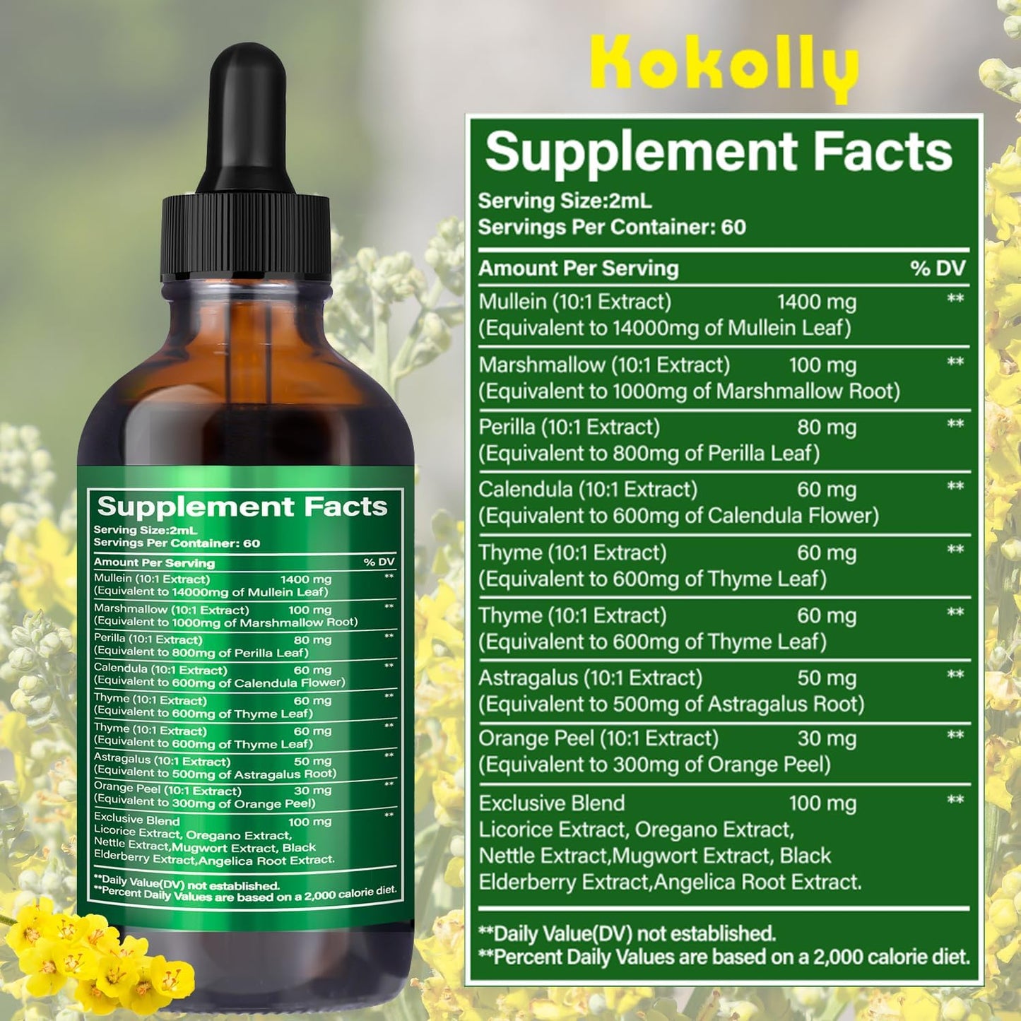 Mullein Leaf Extract Drops for Lung Cleanse and Respiratory Health, Vegan Herbal Supplement, Non-GMO, 2 Month Supply, 120ml
