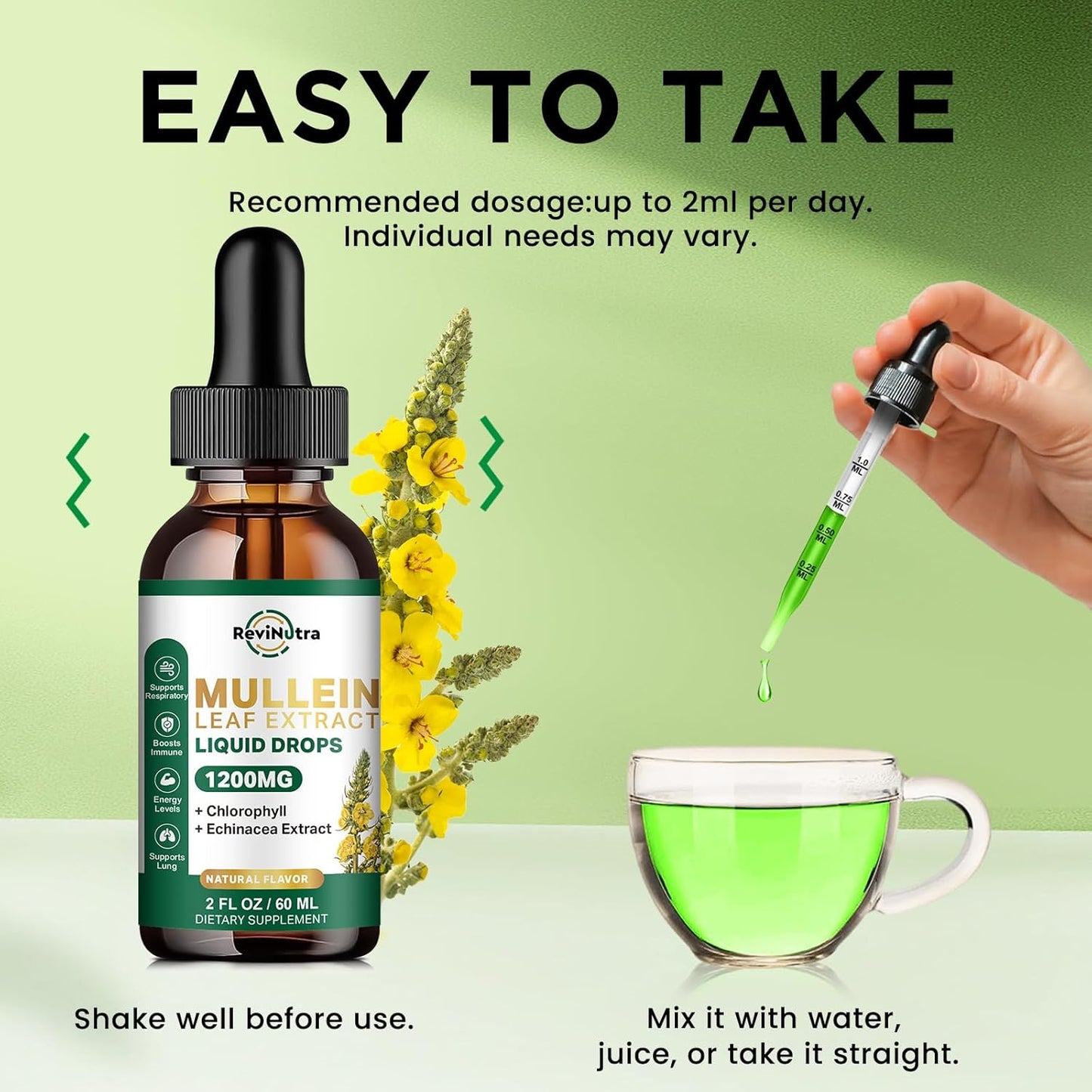 Mullein Leaf Extract Liquid Drops - Lung Cleanse & Detox Support - 1200mg - Non-GMO - 2 Fl Oz