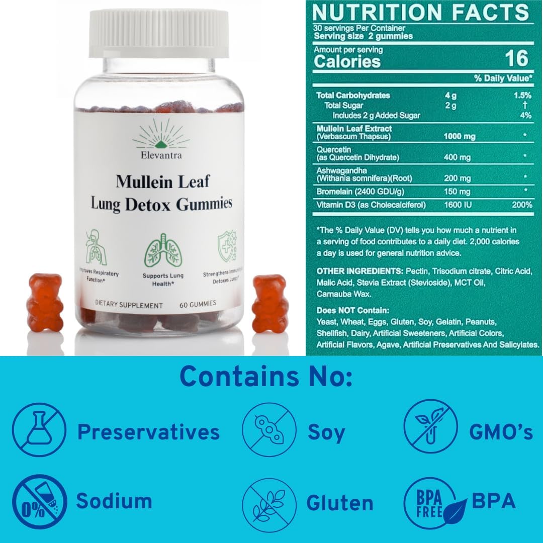 Mullein Leaf Lung Detox Gummies 1000mg | Smoker Detox | Lung Cleanse | Mucus Relief | Better Lung Health