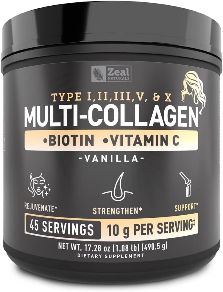 Multi Collagen Peptides Protein Powder with Vitamin C, Biotin, Hyaluronic Acid - Hair, Skin, Nails - Marine, Bovine, Chicken, Eggshell - Vanilla (45 Servings)