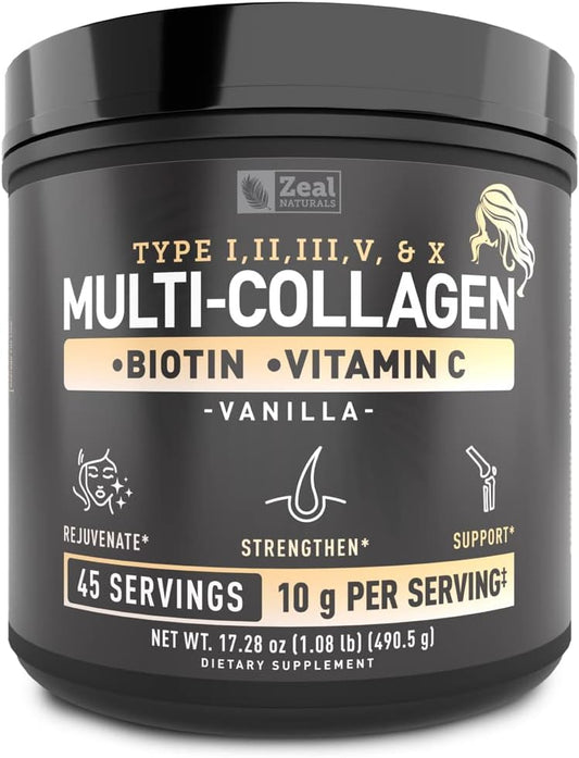 Multi Collagen Peptides Protein Powder with Vitamin C, Biotin, Hyaluronic Acid - Hair, Skin, Nails - Marine, Bovine, Chicken, Eggshell - Vanilla (45 Servings)