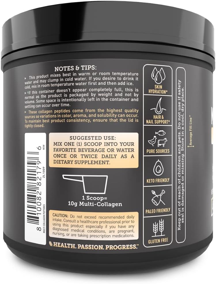 Multi Collagen Peptides Protein Powder with Vitamin C, Biotin, Hyaluronic Acid - Hair, Skin, Nails - Marine, Bovine, Chicken, Eggshell - Vanilla (45 Servings)