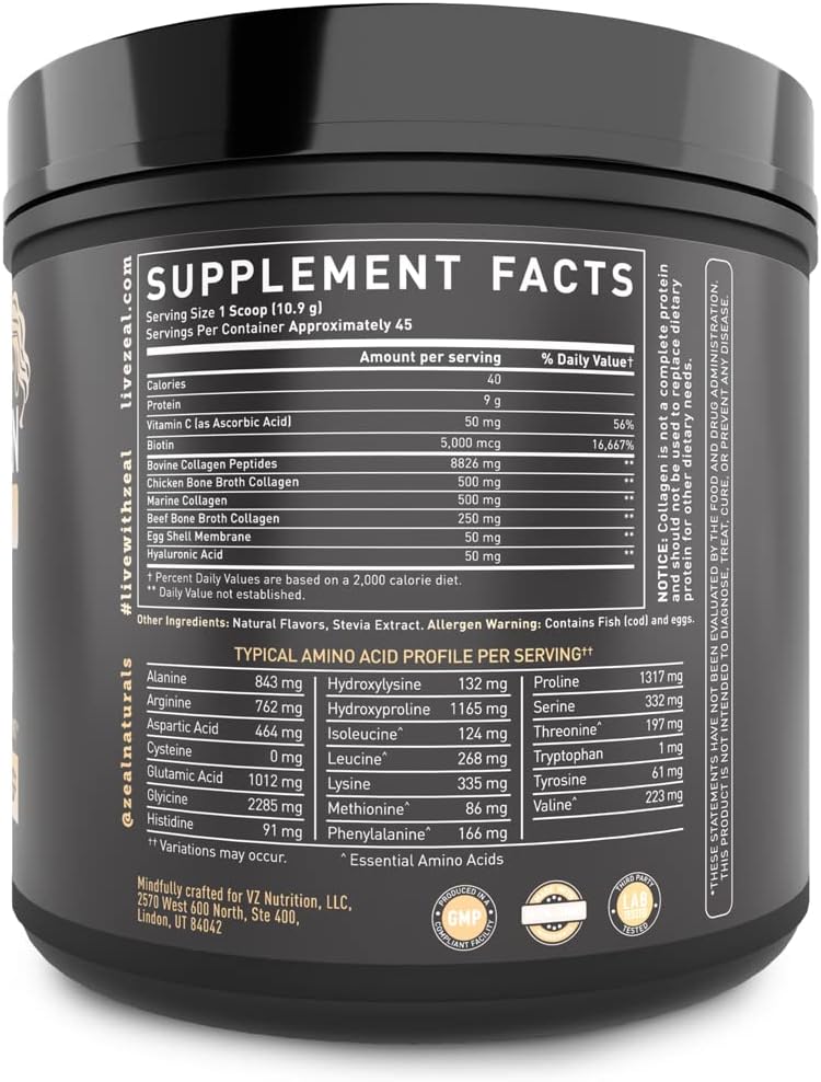 Multi Collagen Peptides Protein Powder with Vitamin C, Biotin, Hyaluronic Acid - Hair, Skin, Nails - Marine, Bovine, Chicken, Eggshell - Vanilla (45 Servings)