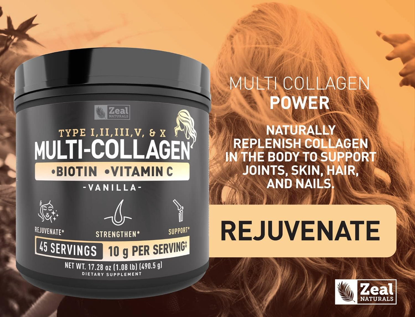 Multi Collagen Peptides Protein Powder with Vitamin C, Biotin, Hyaluronic Acid - Hair, Skin, Nails - Marine, Bovine, Chicken, Eggshell - Vanilla (45 Servings)