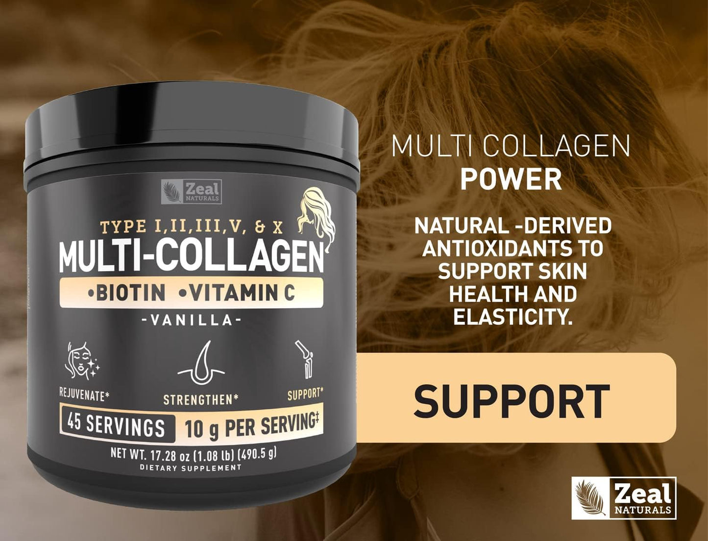 Multi Collagen Peptides Protein Powder with Vitamin C, Biotin, Hyaluronic Acid - Hair, Skin, Nails - Marine, Bovine, Chicken, Eggshell - Vanilla (45 Servings)