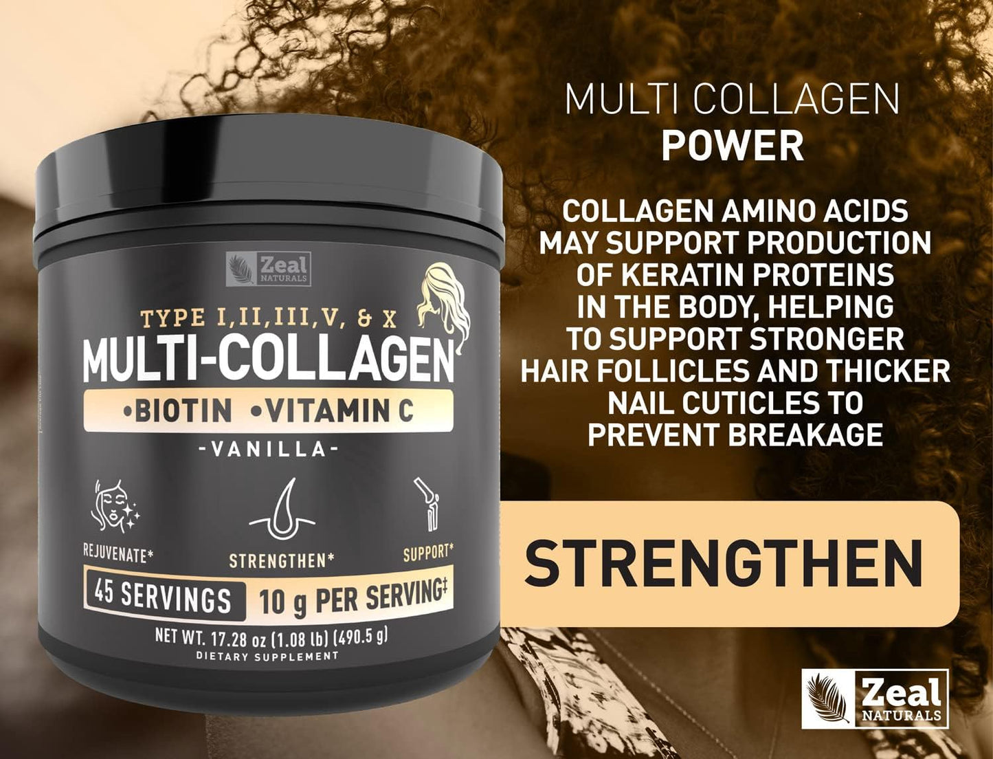 Multi Collagen Peptides Protein Powder with Vitamin C, Biotin, Hyaluronic Acid - Hair, Skin, Nails - Marine, Bovine, Chicken, Eggshell - Vanilla (45 Servings)