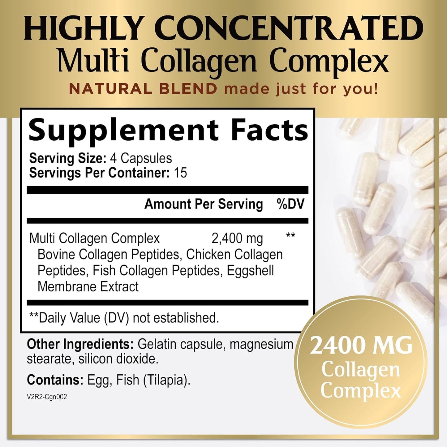 Multi Collagen Peptides Supplement for Hair, Skin, Nails, Bones & Joints - 60 Capsules for Men & Women - Hydrolyzed Type I, II, III, V, X with Vital Nutrients & Proteins