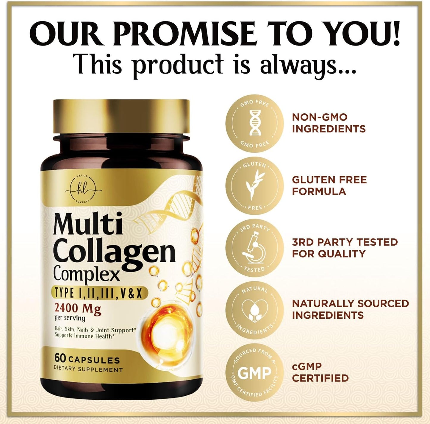 Multi Collagen Peptides Supplement for Hair, Skin, Nails, Bones & Joints - 60 Capsules for Men & Women - Hydrolyzed Type I, II, III, V, X with Vital Nutrients & Proteins