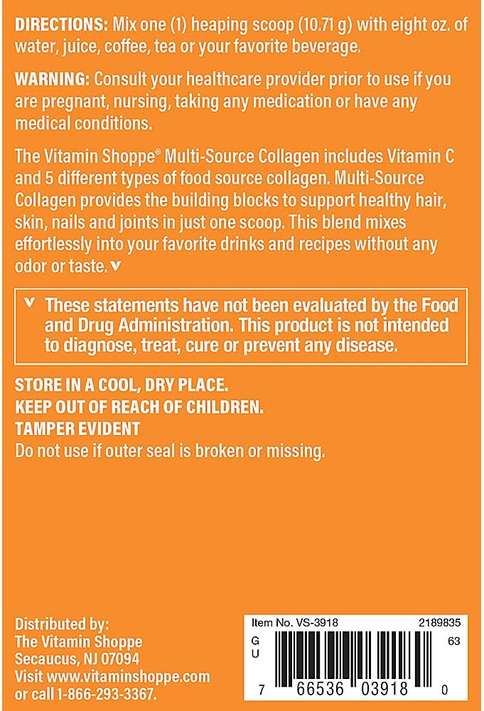 Multi-Source Collagen Powder with 5 Types - Enhances Hair, Skin, Nails - Unflavored (17 oz / 45 Servings)