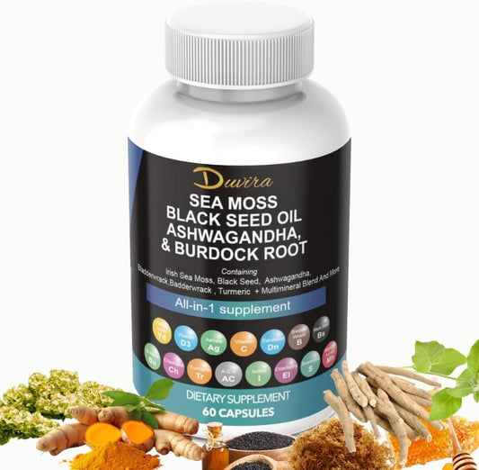 Multivitamin Supplement with Sea Moss, Black Seed Oil, Ashwagandha, Turmeric, Bladderwrack, Burdock, Elderberry, and More