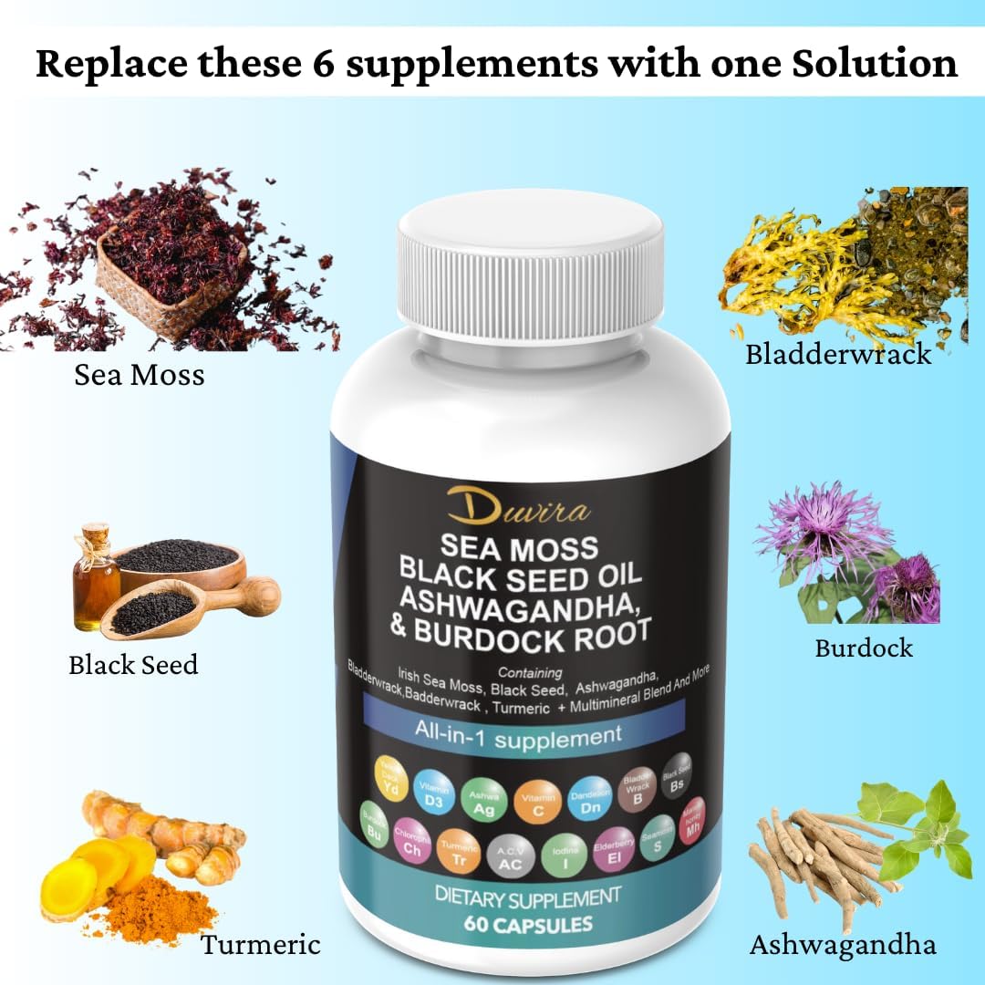 Multivitamin Supplement with Sea Moss, Black Seed Oil, Ashwagandha, Turmeric, Bladderwrack, Burdock, Elderberry, and More
