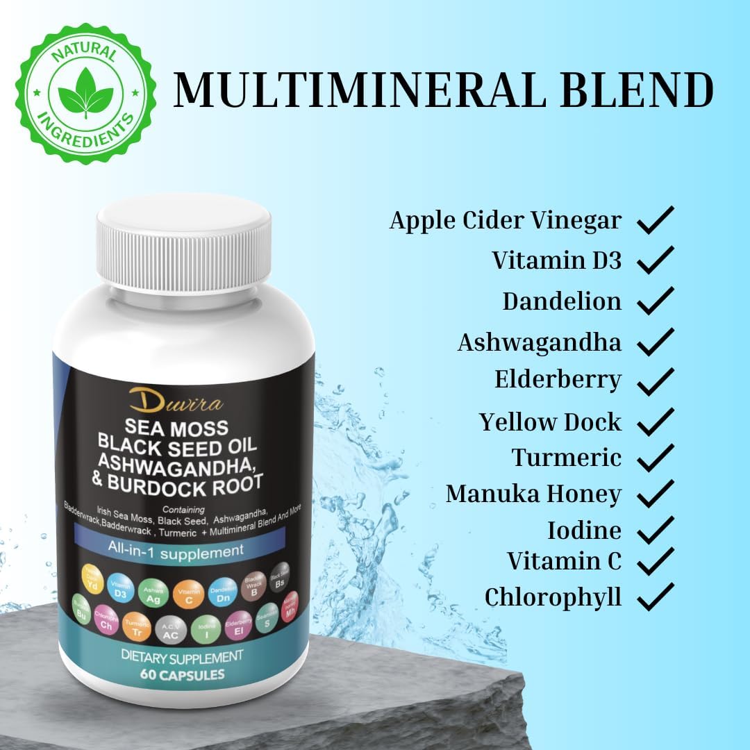 Multivitamin Supplement with Sea Moss, Black Seed Oil, Ashwagandha, Turmeric, Bladderwrack, Burdock, Elderberry, and More