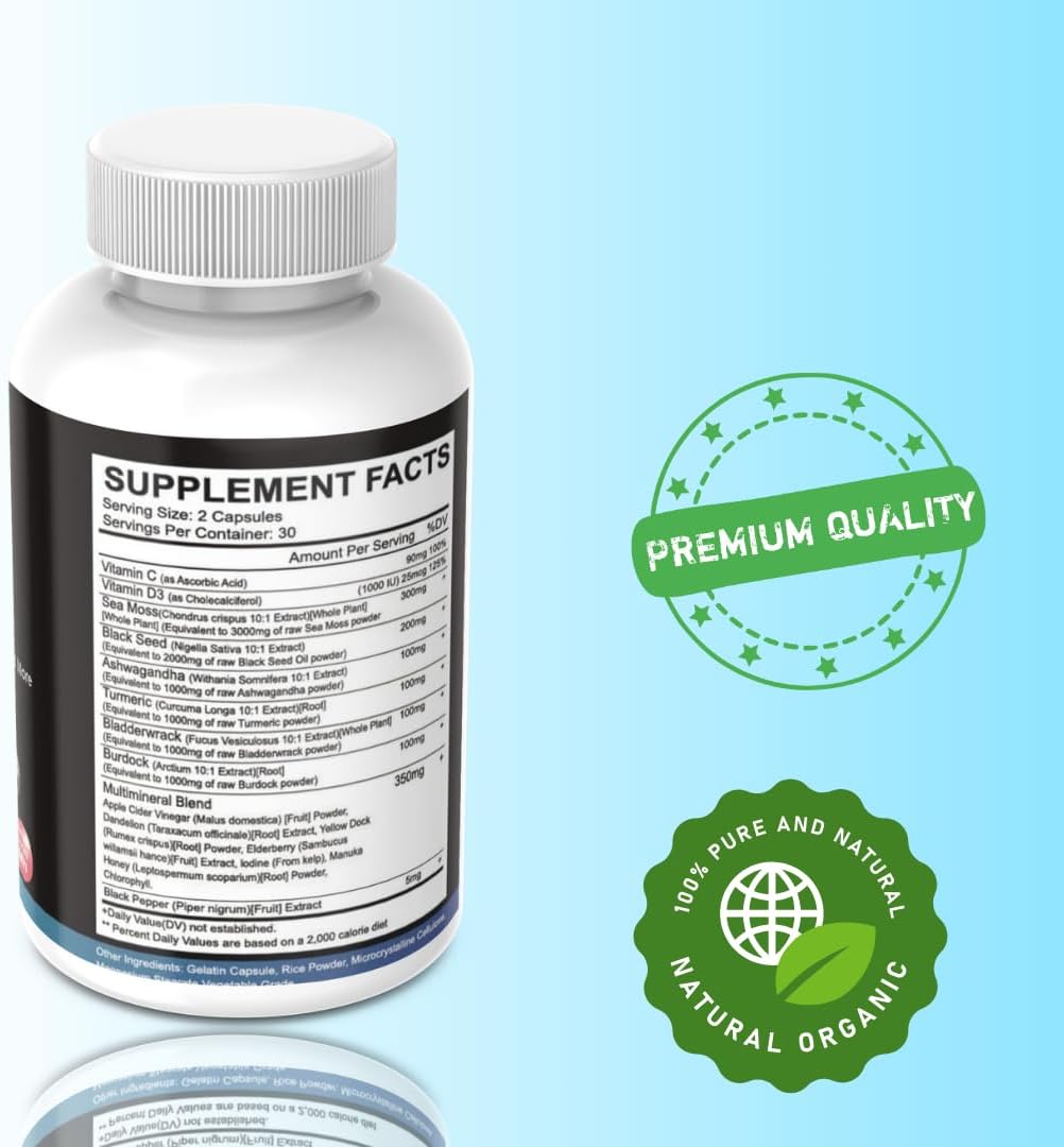 Multivitamin Supplement with Sea Moss, Black Seed Oil, Ashwagandha, Turmeric, Bladderwrack, Burdock, Elderberry, and More