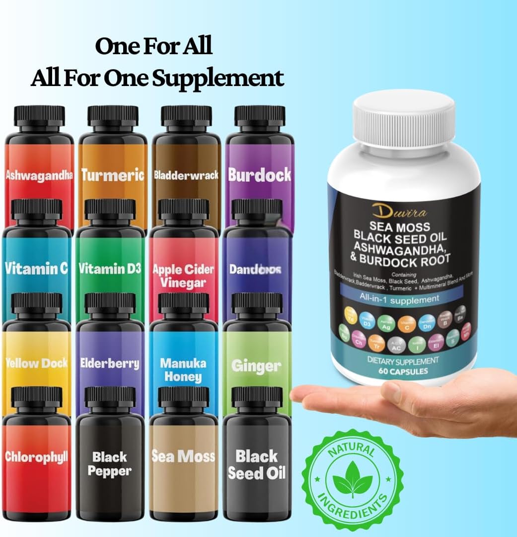 Multivitamin Supplement with Sea Moss, Black Seed Oil, Ashwagandha, Turmeric, Bladderwrack, Burdock, Elderberry, and More