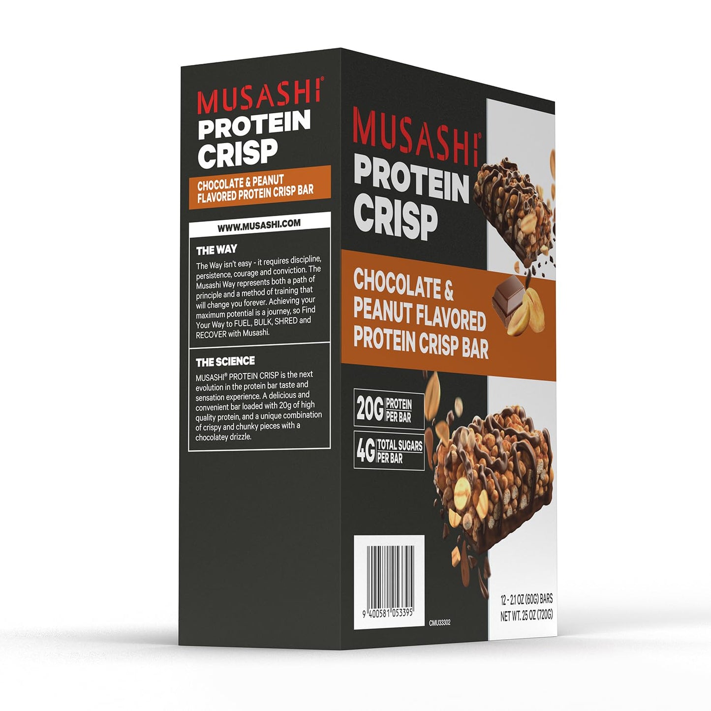 Musashi Chocolate & Peanut Protein Crisp Bar, 20g Protein, 4g Sugars, Post Workout Snack, 12 Pack, 2.1oz Bars