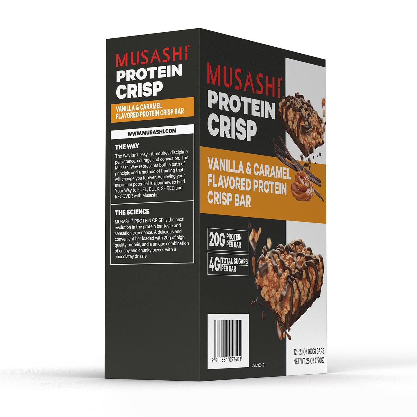 Musashi Vanilla & Caramel Protein Crisp Bars - 12 Pack, 20g Protein, 4g Sugars, Post Workout Snack