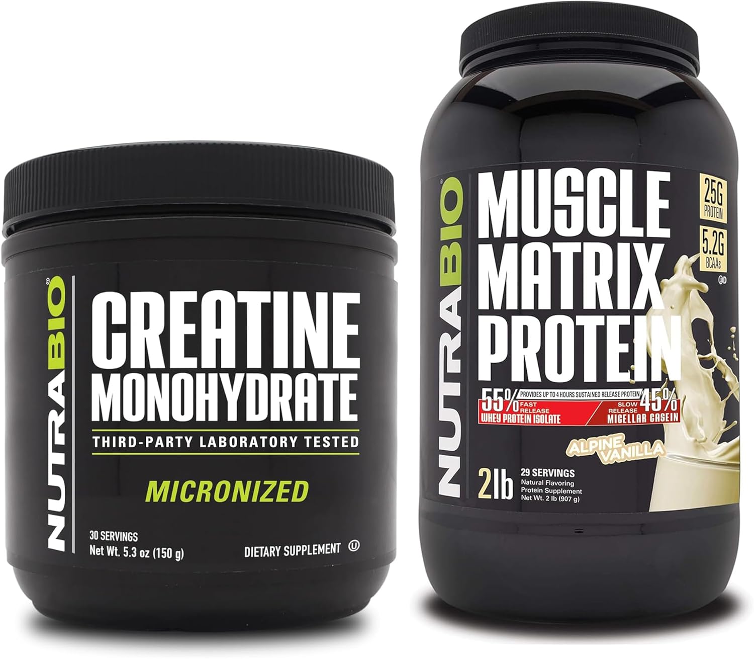 Muscle Energy and Growth Supplement Bundle - NutraBio Creatine Monohydrate and Muscle Matrix Protein Powder for Strength and Recovery