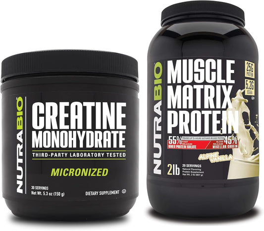 Muscle Energy and Growth Supplement Bundle - NutraBio Creatine Monohydrate and Muscle Matrix Protein Powder for Strength and Recovery