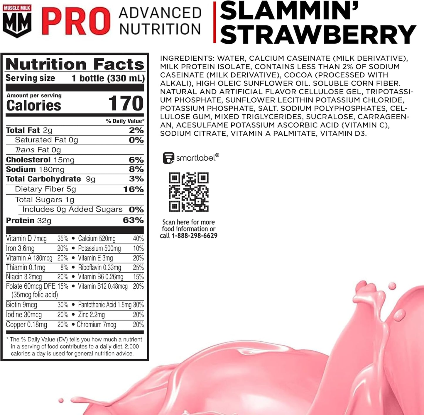 Muscle Milk Pro Advanced Nutrition Slammin' Strawberry Protein Shake, 11.16 Fl Oz (12 Pack), 32g Protein, 1g Sugar, 16 Vitamins & Minerals, 5g Fiber