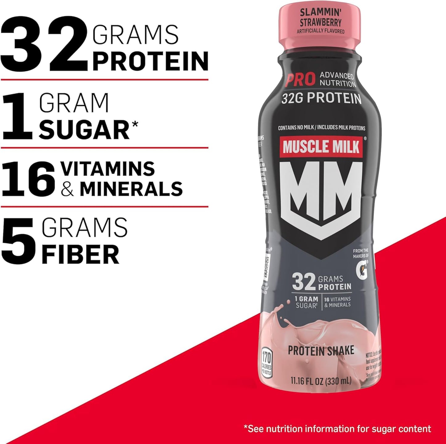 Muscle Milk Pro Advanced Nutrition Slammin' Strawberry Protein Shake, 11.16 Fl Oz (12 Pack), 32g Protein, 1g Sugar, 16 Vitamins & Minerals, 5g Fiber