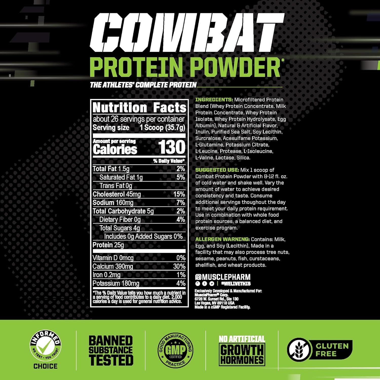 Muscle Pharm Combat Protein Powder, Vanilla Flavor, 2 lb, 26 Servings, Gluten Free, 5 Protein Sources Including Whey Protein Isolate & Egg Albumin for Effective Workouts