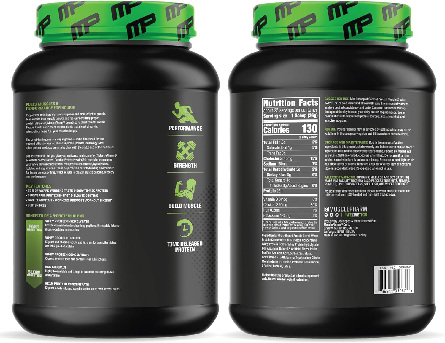 Muscle Pharm Combat Protein Powder, Vanilla Flavor, 2 lb, 26 Servings, Gluten Free, 5 Protein Sources Including Whey Protein Isolate & Egg Albumin for Effective Workouts