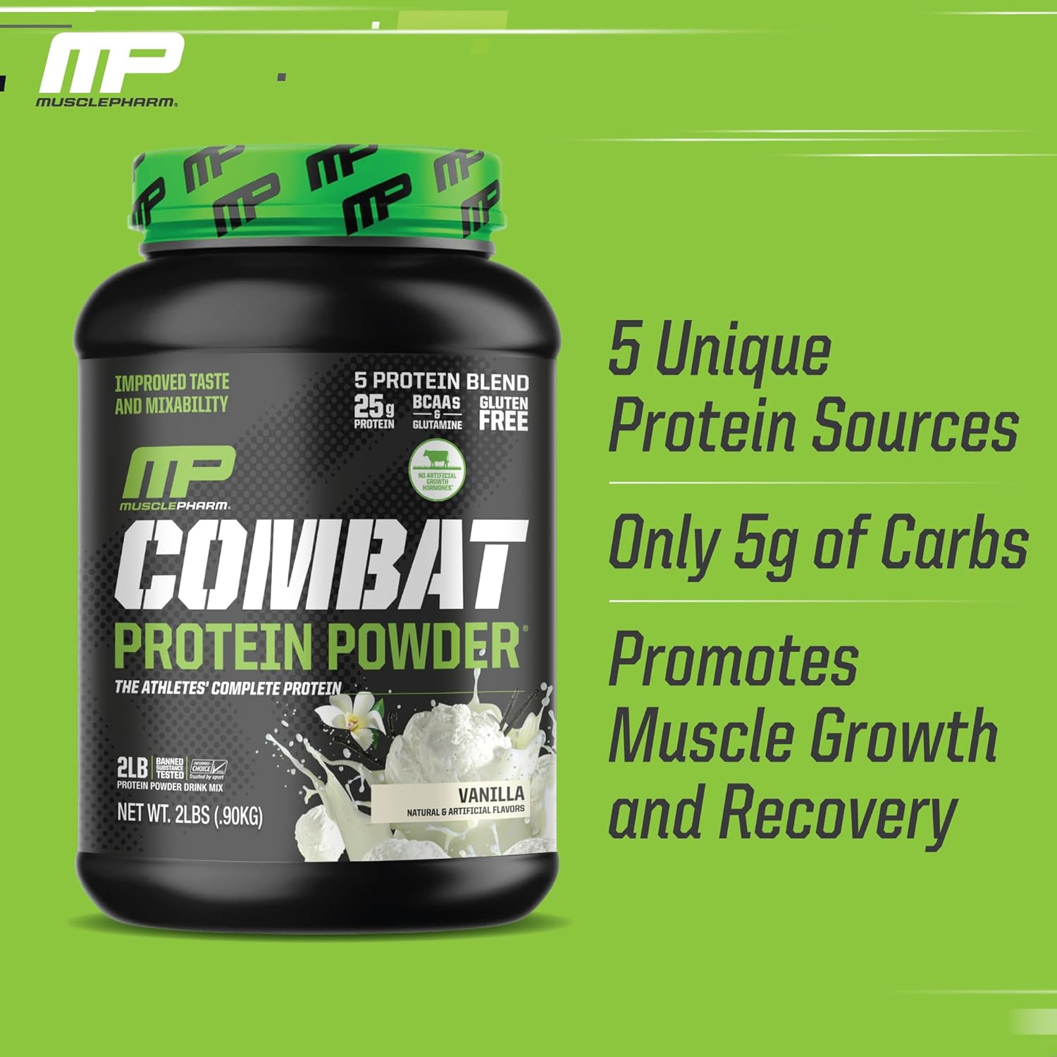 Muscle Pharm Combat Protein Powder, Vanilla Flavor, 2 lb, 26 Servings, Gluten Free, 5 Protein Sources Including Whey Protein Isolate & Egg Albumin for Effective Workouts