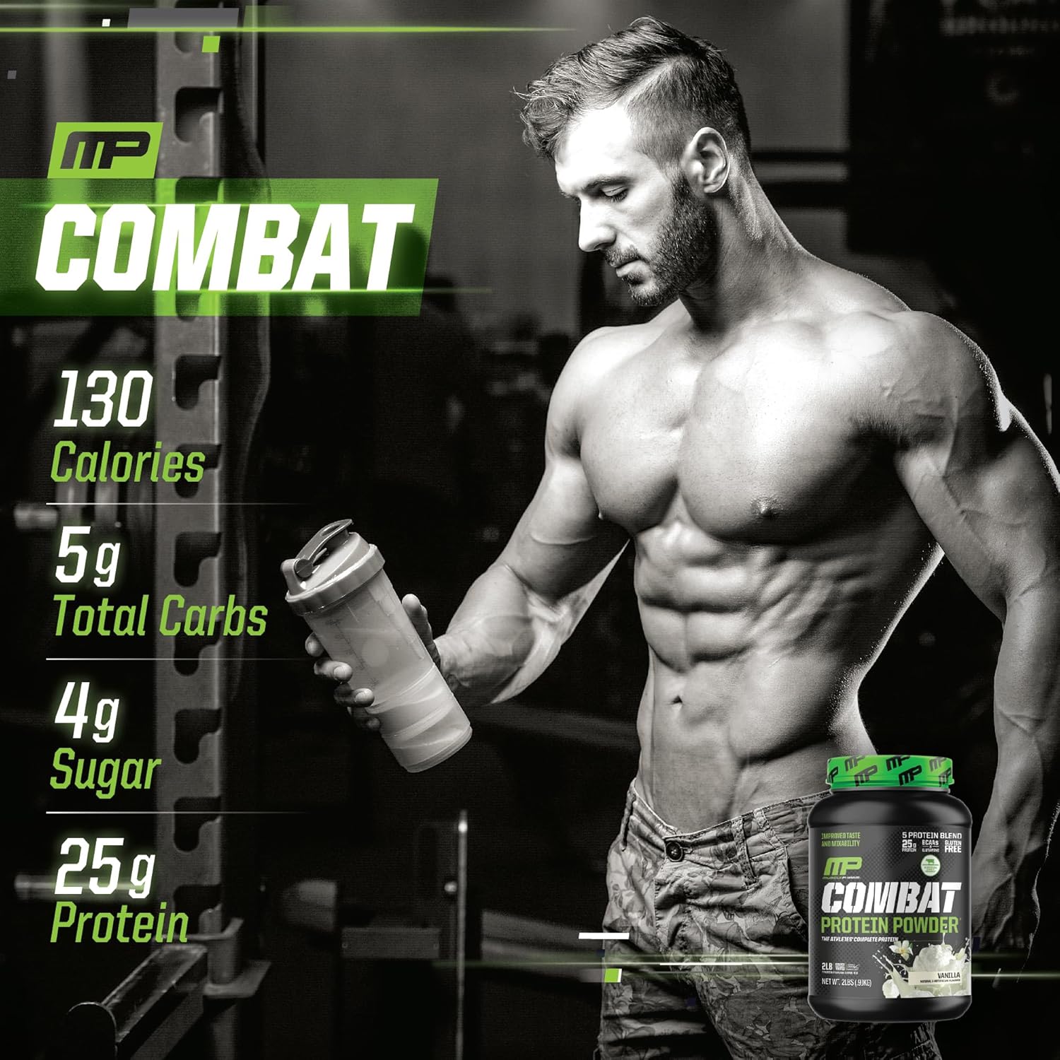 Muscle Pharm Combat Protein Powder, Vanilla Flavor, 2 lb, 26 Servings, Gluten Free, 5 Protein Sources Including Whey Protein Isolate & Egg Albumin for Effective Workouts