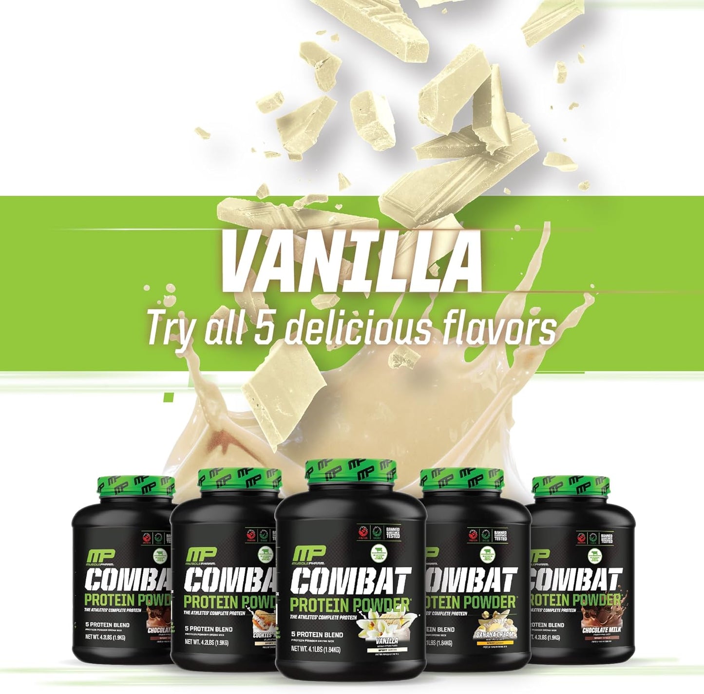 Muscle Pharm Combat Protein Powder, Vanilla Flavor, 2 lb, 26 Servings, Gluten Free, 5 Protein Sources Including Whey Protein Isolate & Egg Albumin for Effective Workouts