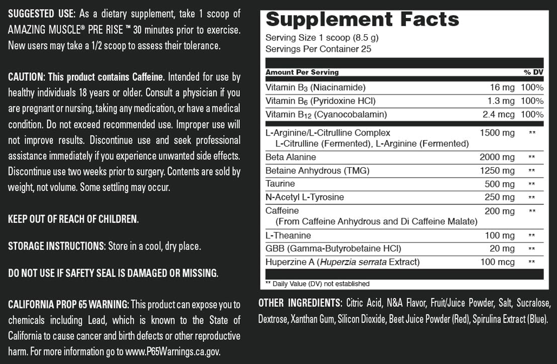 Muscle Pre Rise Pre-Workout Powder Supplement with Caffeine & Beta-Alanine for Men & Women - Blueberry Pomegranate Blast - 25 Servings