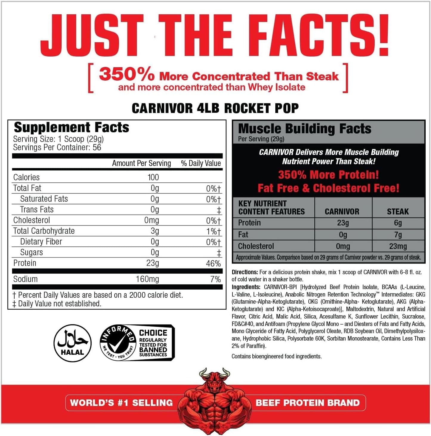 MuscleMeds CARNIVOR Beef Protein Isolate Powder - 23g Protein, Rocket Pop Flavor, Muscle Building & Recovery, Lactose/Sugar/Fat-Free - 56 Servings