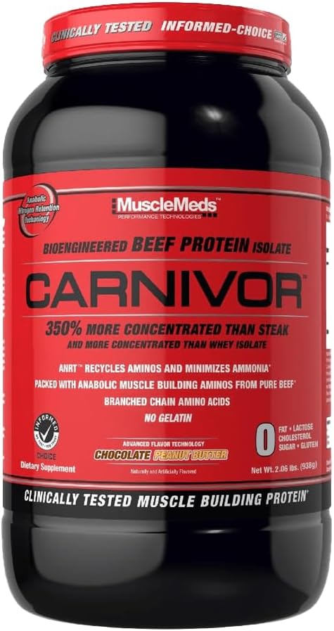 MuscleMeds Carnivor Beef Protein Isolate Powder, Chocolate Peanut Butter Flavor, 2.2 lb - 23g Protein, 0g Fat, 0g Sugar, Lactose Free
