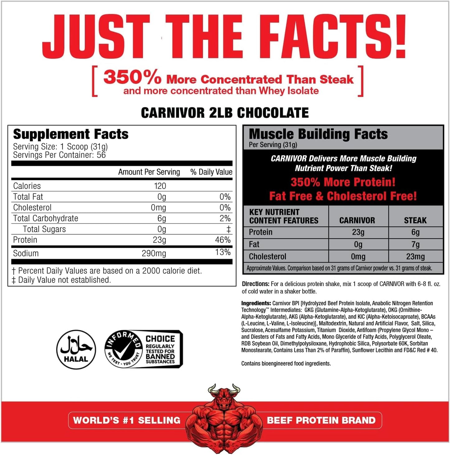 MuscleMeds CARNIVOR Chocolate Beef Protein Isolate Powder - 23g Protein, Halal Certified, Muscle Building & Recovery - Lactose, Sugar & Fat Free - 28 Servings