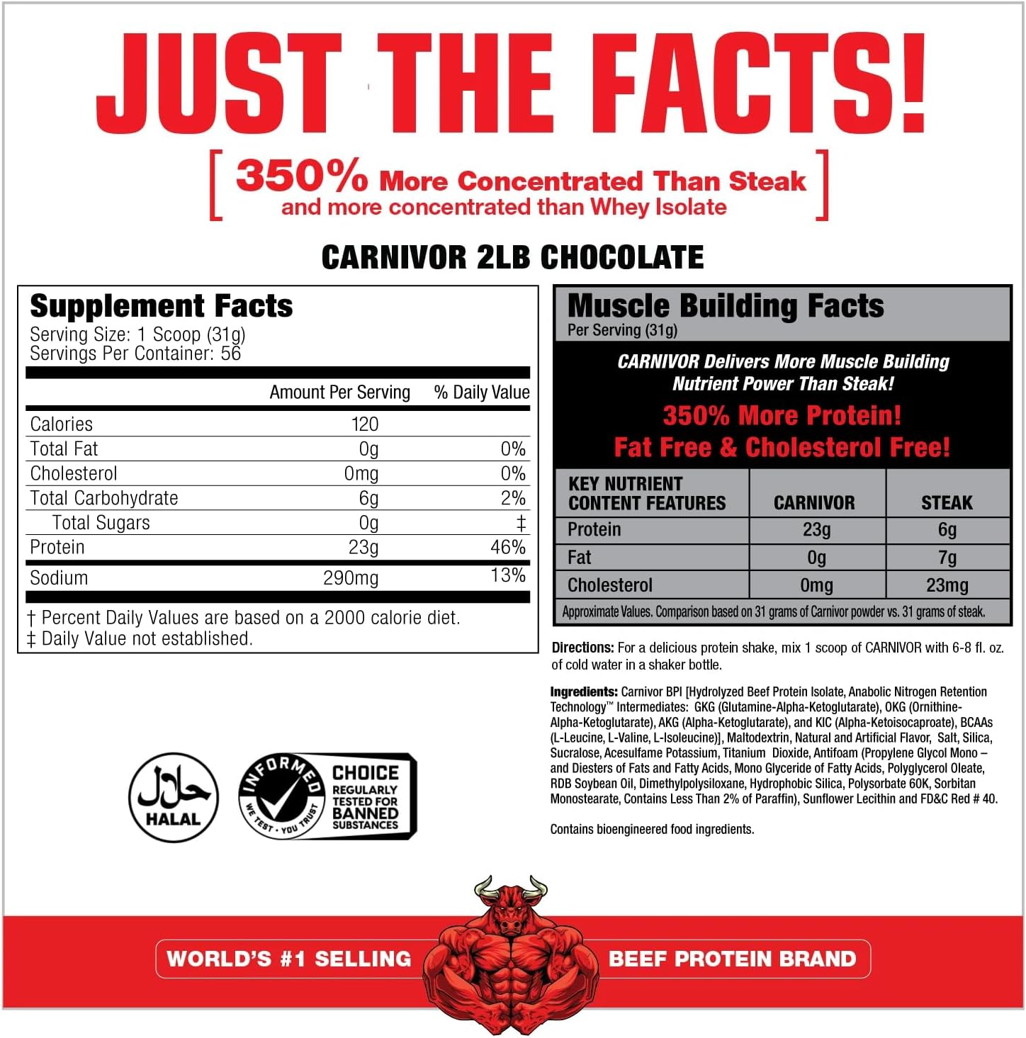 MuscleMeds CARNIVOR Chocolate Beef Protein Isolate Powder - 23g Protein, Halal Certified, Muscle Building & Recovery - Lactose, Sugar & Fat Free - 28 Servings