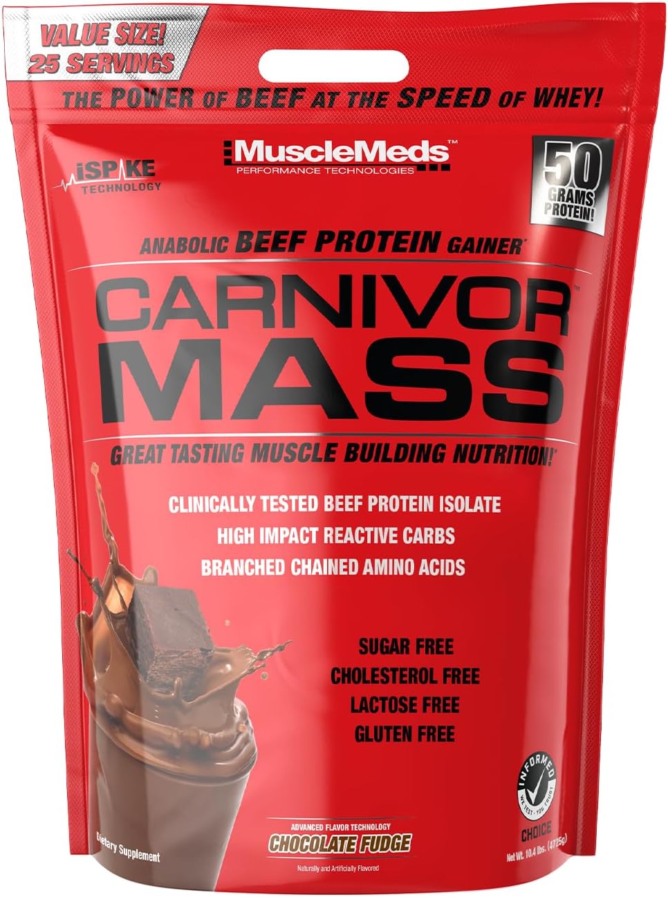 MuscleMeds Carnivor Mass Anabolic Beef Protein Gainer, Chocolate Fudge Flavor, 10.4 lbs, Brown Color