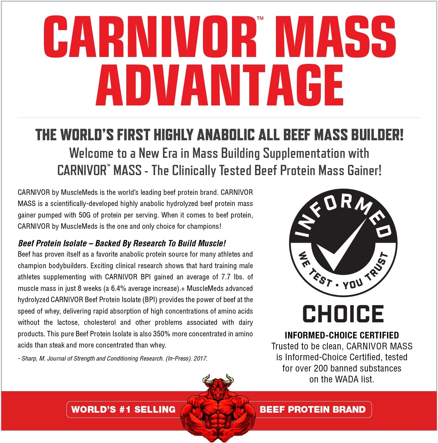 MuscleMeds Carnivor Mass Anabolic Beef Protein Gainer, Chocolate Fudge Flavor, 10.4 lbs, Brown Color