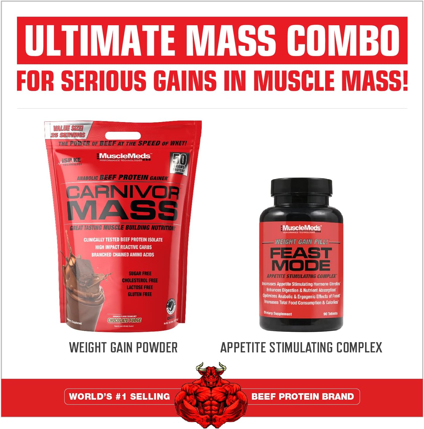MuscleMeds Carnivor Mass Anabolic Beef Protein Gainer, Chocolate Fudge Flavor, 10.4 lbs, Brown Color