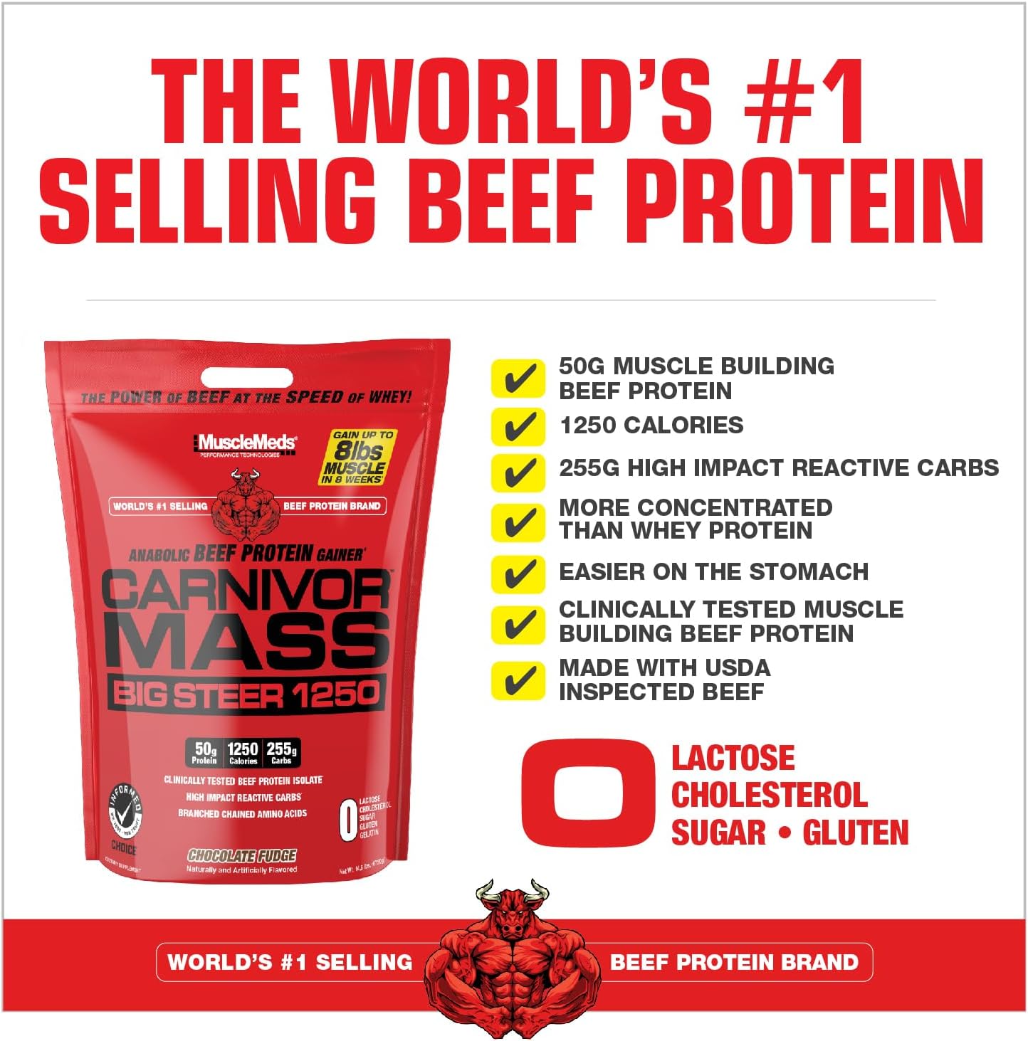 MuscleMeds Carnivor Mass Chocolate Big Steer 1250, 15 lb - Large Size, Various Packaging