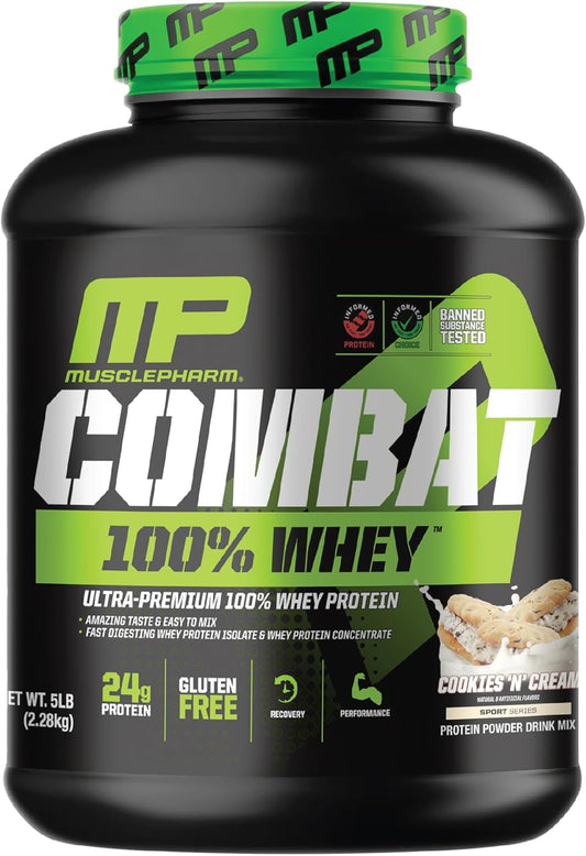 MusclePharm Combat 100% Whey Protein Powder, Cookies ‘N’ Cream Flavor, High Protein for Fast Recovery & Muscle Gain, Whey Protein Isolate, Gluten Free - 5 lb, 70 Servings