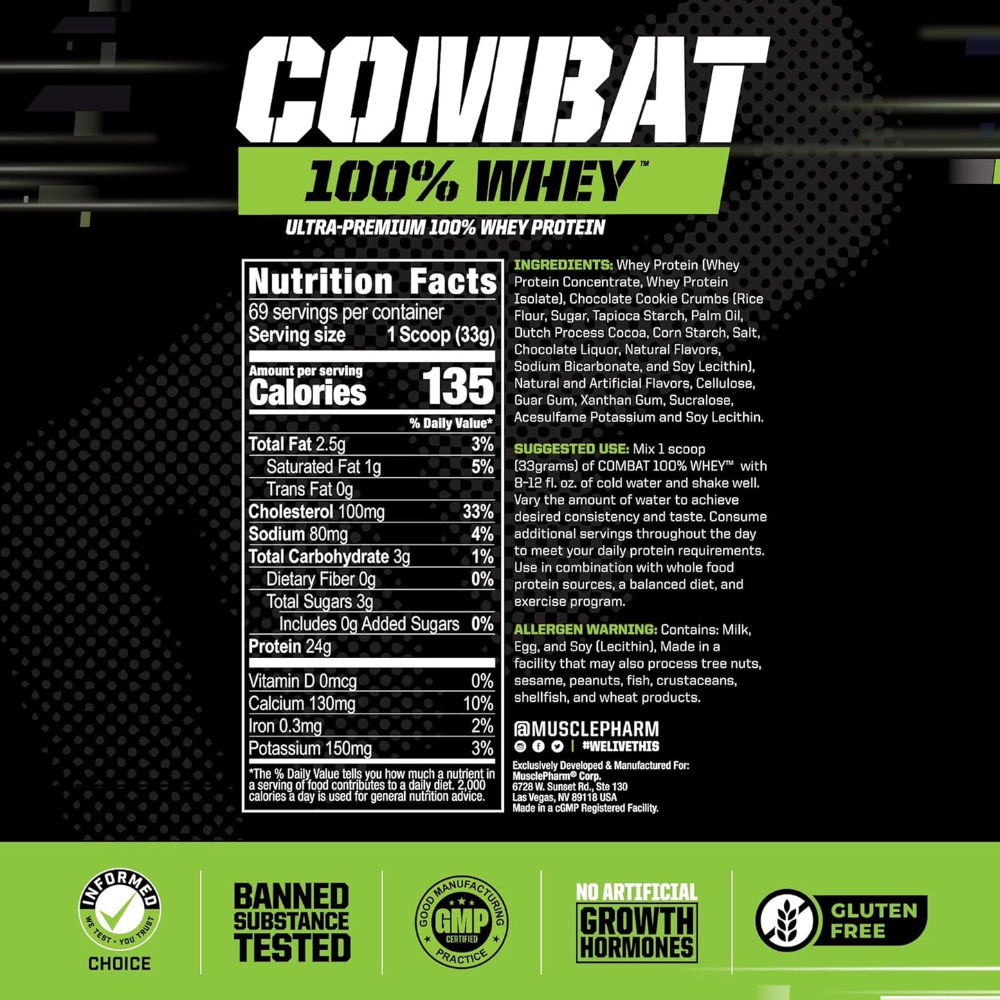 MusclePharm Combat 100% Whey Protein Powder, Cookies ‘N’ Cream Flavor, High Protein for Fast Recovery & Muscle Gain, Whey Protein Isolate, Gluten Free - 5 lb, 70 Servings