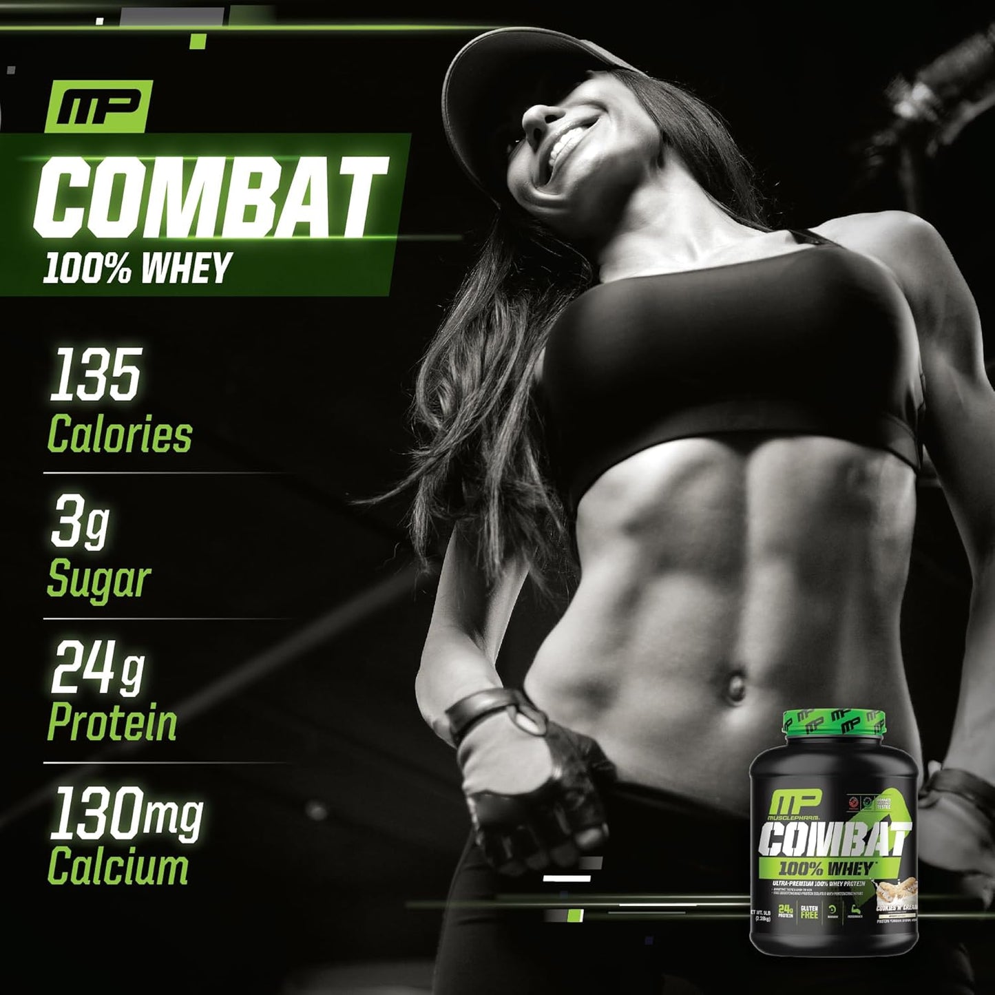 MusclePharm Combat 100% Whey Protein Powder, Cookies ‘N’ Cream Flavor, High Protein for Fast Recovery & Muscle Gain, Whey Protein Isolate, Gluten Free - 5 lb, 70 Servings
