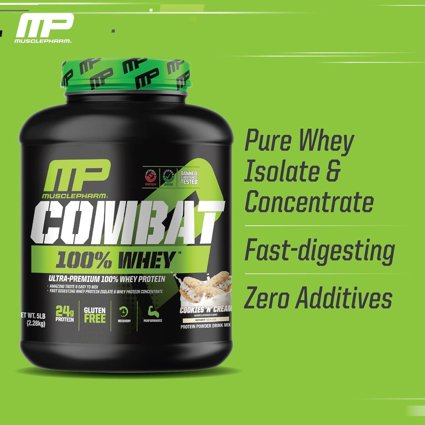 MusclePharm Combat 100% Whey Protein Powder, Cookies ‘N’ Cream Flavor, High Protein for Fast Recovery & Muscle Gain, Whey Protein Isolate, Gluten Free - 5 lb, 70 Servings