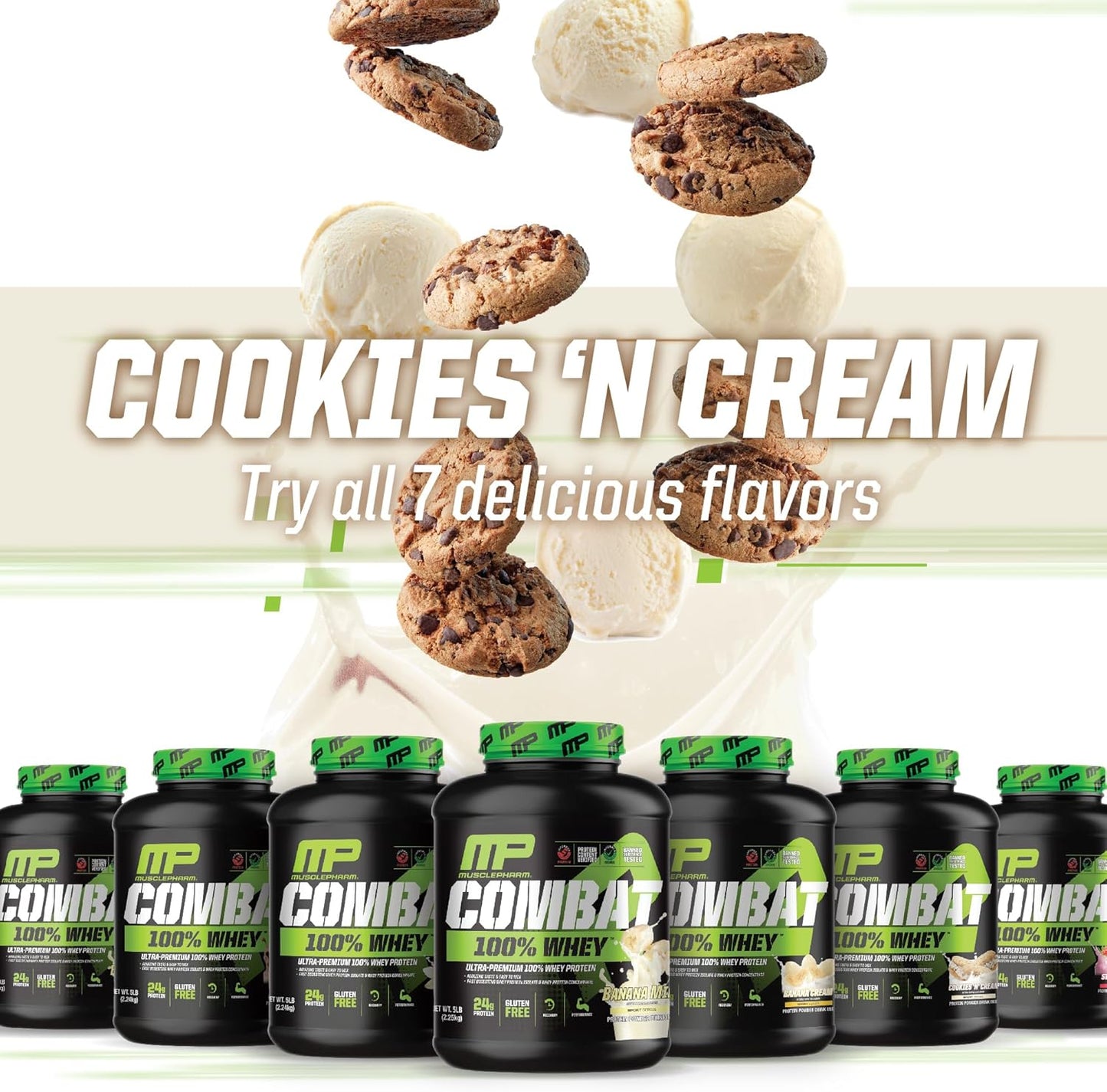 MusclePharm Combat 100% Whey Protein Powder, Cookies ‘N’ Cream Flavor, High Protein for Fast Recovery & Muscle Gain, Whey Protein Isolate, Gluten Free - 5 lb, 70 Servings