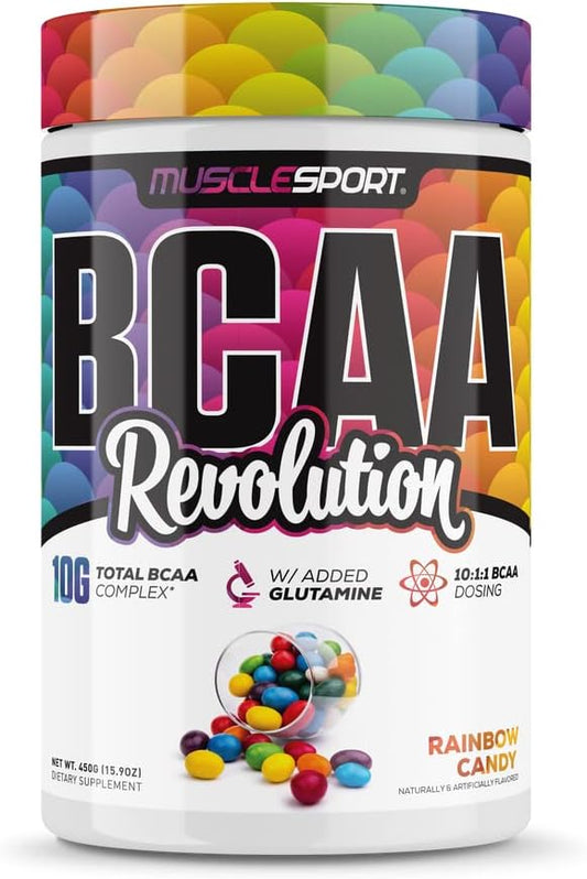 MuscleSport BCAA Revolution Amino Acid Powder Supplement - Rainbow Candy Flavor - Intra Workout & Recovery Complex for Men & Women (30 Servings)