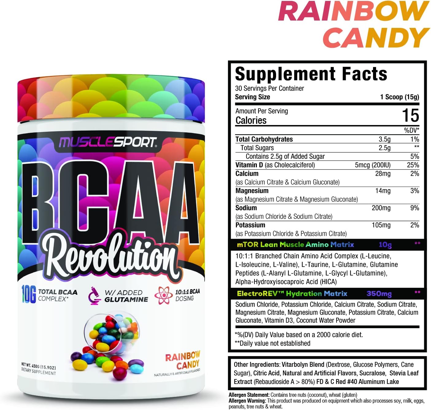 MuscleSport BCAA Revolution Amino Acid Powder Supplement - Rainbow Candy Flavor - Intra Workout & Recovery Complex for Men & Women (30 Servings)