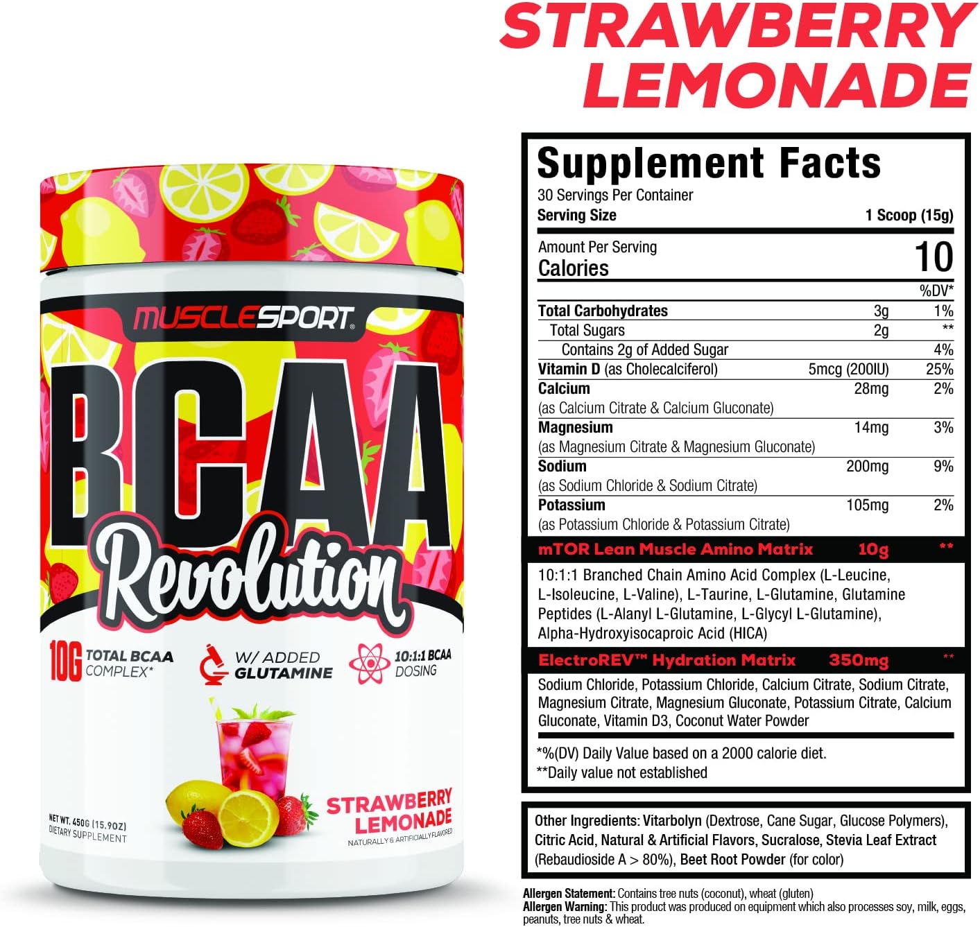 Musclesport BCAA Revolution Amino Acid Powder Supplement - Strawberry Lemonade Flavor - Intra Workout Training & Recovery Complex for Men & Women (30 Servings)
