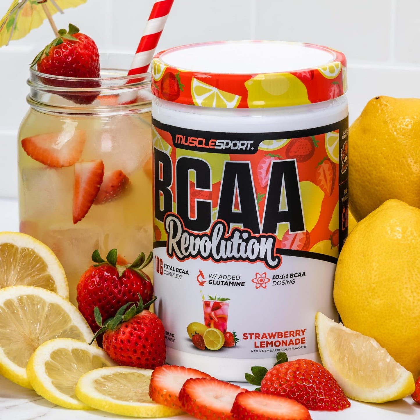 Musclesport BCAA Revolution Amino Acid Powder Supplement - Strawberry Lemonade Flavor - Intra Workout Training & Recovery Complex for Men & Women (30 Servings)