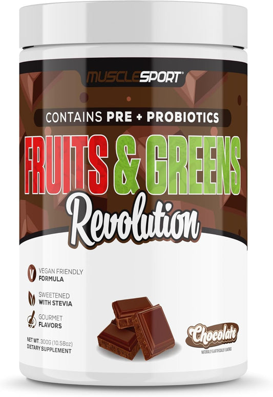 Musclesport Fruits & Greens Supplement with Wheat Grass, Spirulina, Fiber, Probiotics - Chocolate Flavor, 30 Servings